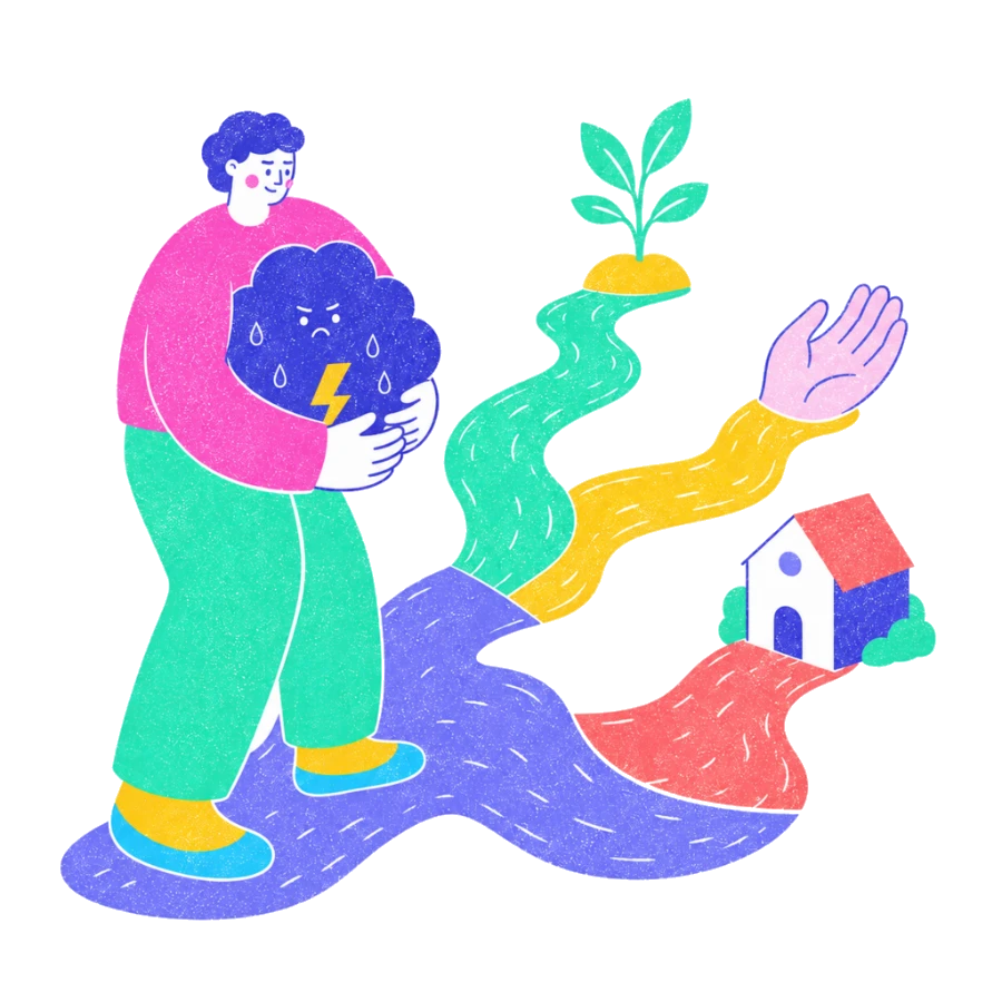 Fenweh — a person carrying a storm cloud while walking a path towards a home and a growing plant, illustrating values-led action in ACT