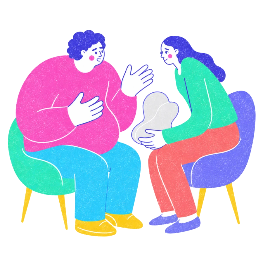 Fenweh — a therapist leaning in with an open hand while a client speaks, illustrating active listening and validation
