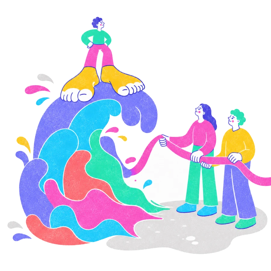 Fenweh — a person surfing the crest of a large wave while two others hold a line, illustrating riding out a craving in recovery