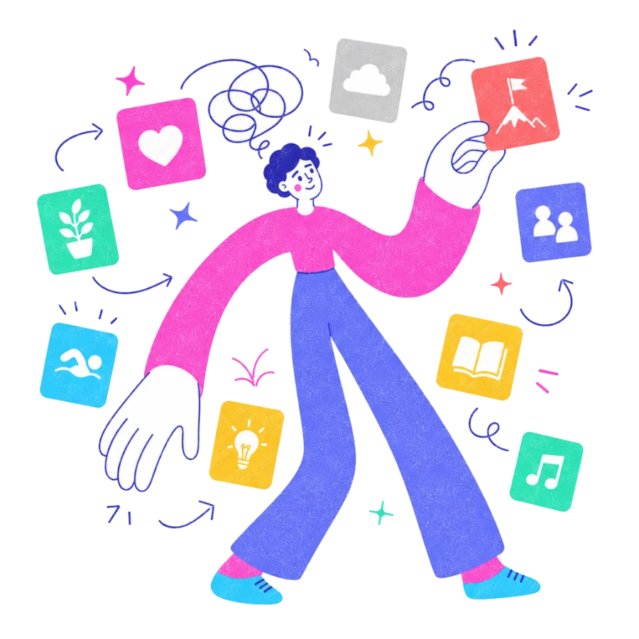 Fenweh — a person moving among floating task tiles and arrows, illustrating ADHD attention and task navigation