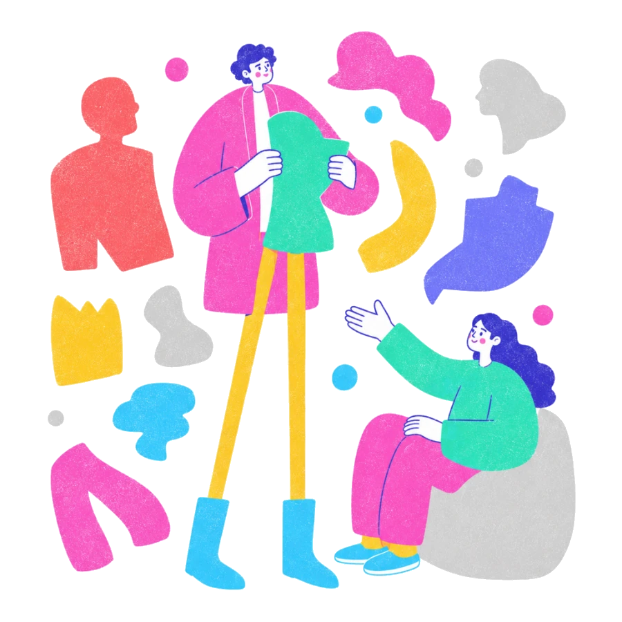 Fenweh — a young person trying on different shapes and silhouettes, illustrating adolescent identity exploration