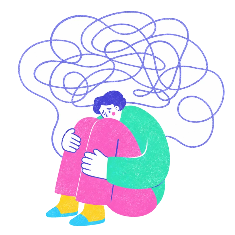 Fenweh — a person hugging their knees beneath a tangle of looping thoughts, illustrating anxiety and rumination