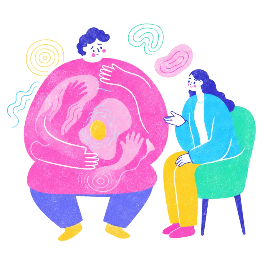 Fenweh — a client with glowing sensation mapped across the body while a therapist listens, illustrating how the body holds trauma