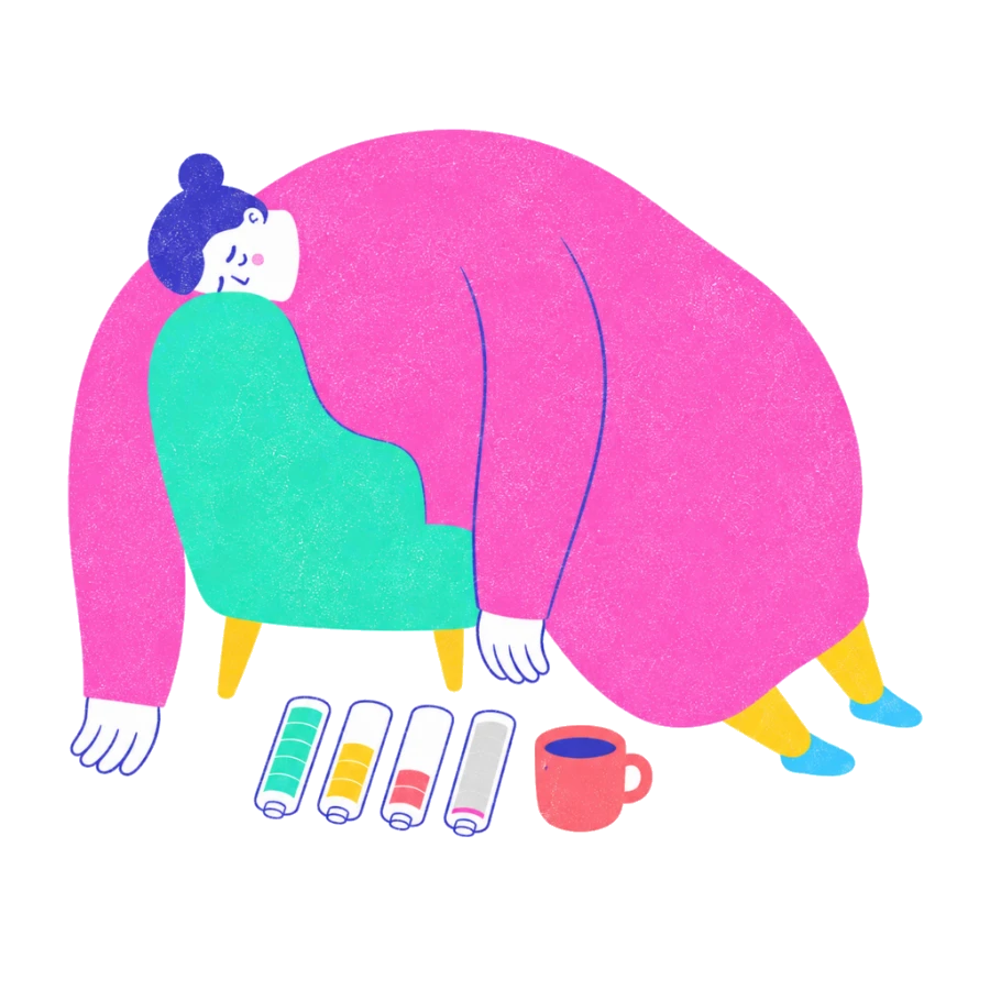 Fenweh — a depleted figure slumped beside draining battery icons and a cup of tea, illustrating burnout and the need for rest