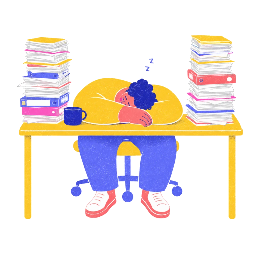 Fenweh — a person asleep at a desk between two tall stacks of paper, illustrating depletion and running past the point of rest