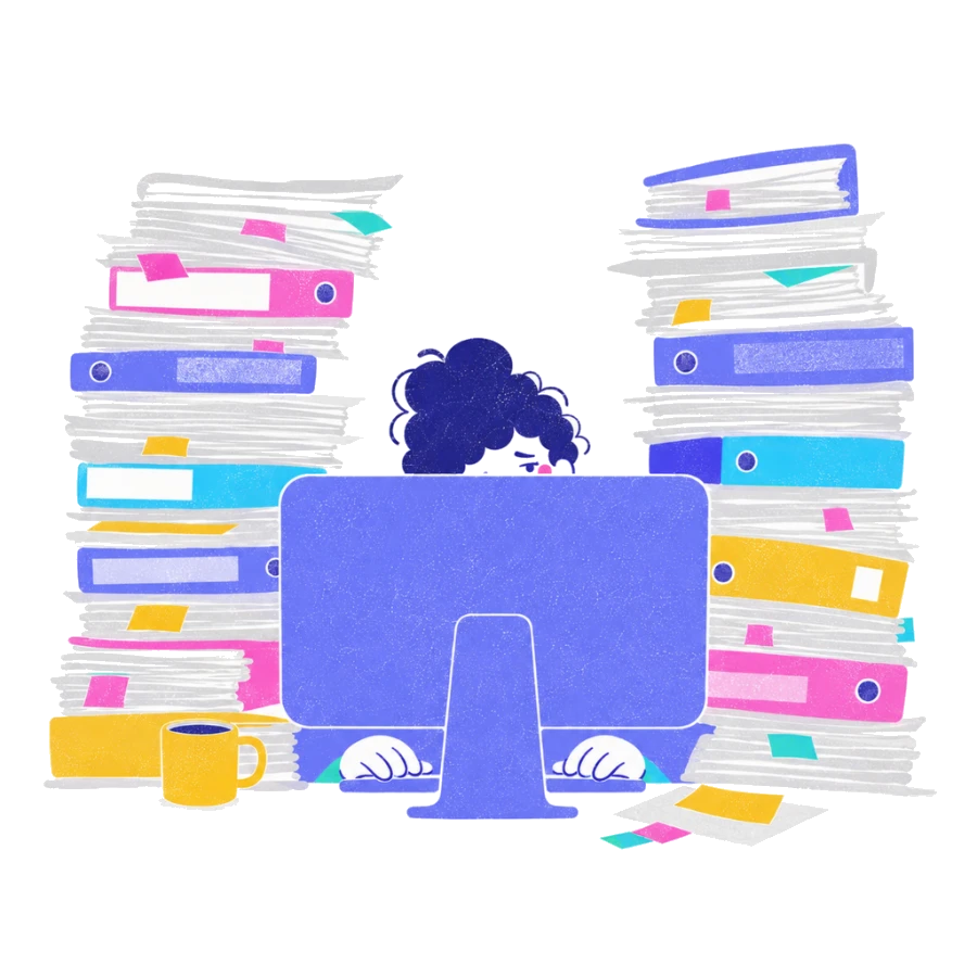 Fenweh — only the top of a person's head visible behind a monitor and towering files, illustrating disappearing behind the work