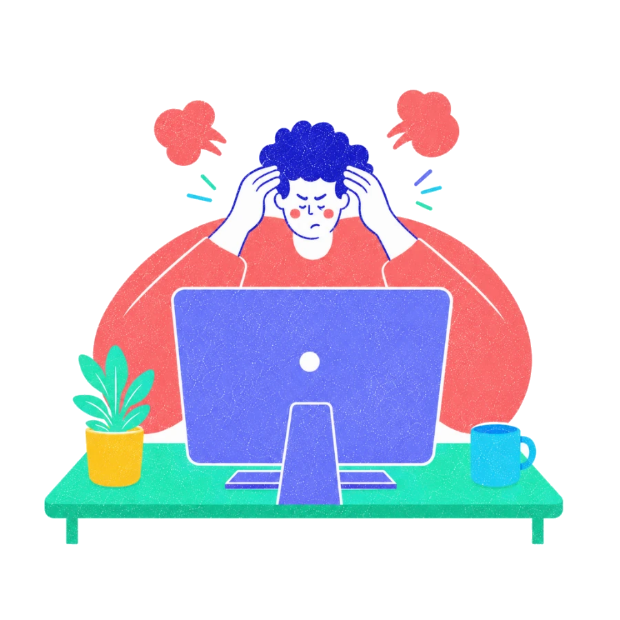 Fenweh — a person gripping their head in front of a monitor with steam puffs either side, illustrating frustration at work