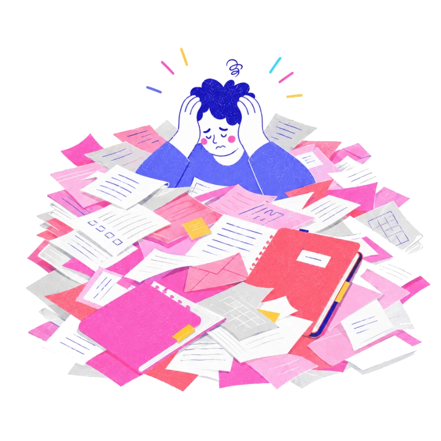 Fenweh — a person holding their head while buried in a mountain of paperwork, illustrating overwhelm as an early sign of burnout