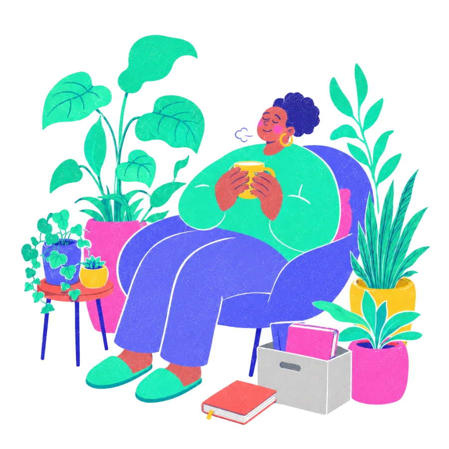 Fenweh — a person resting in an armchair with a warm drink among houseplants and a packed box, illustrating recovery and putting the work down on purpose