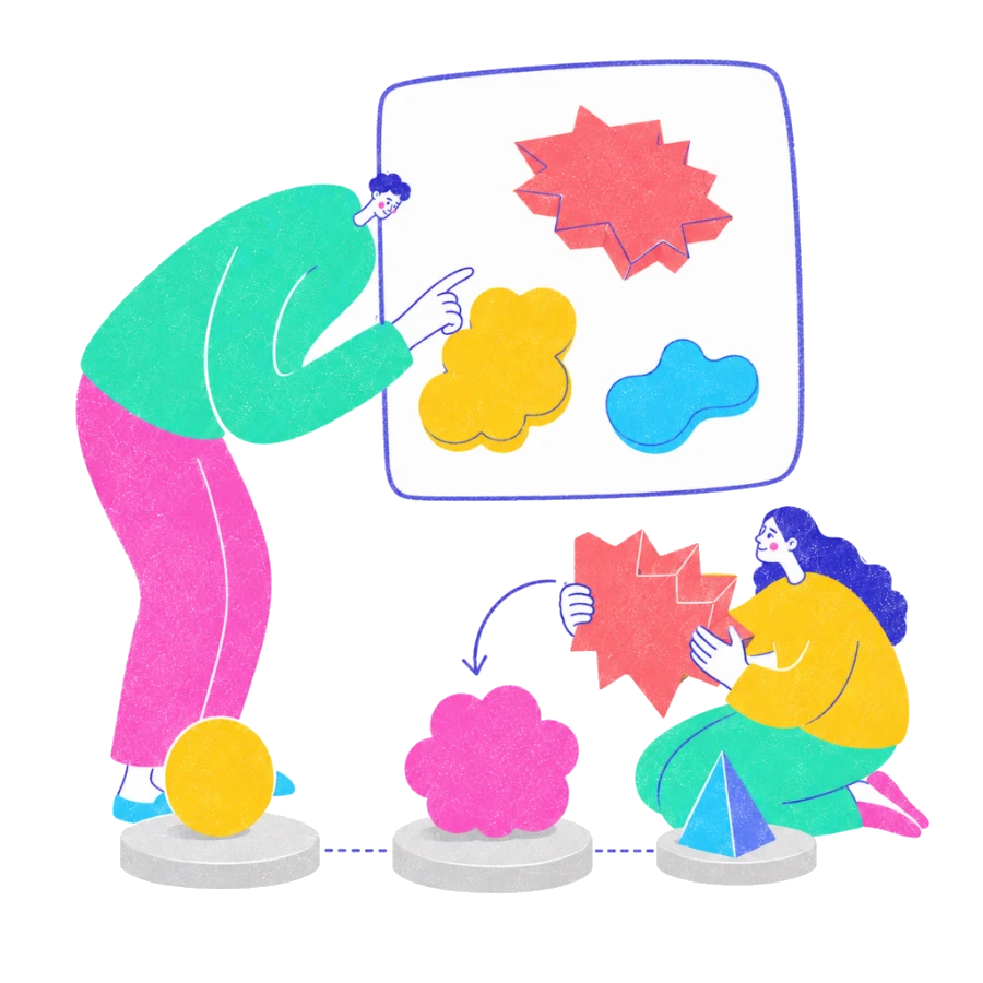 Fenweh — two people reshaping a spiky red shape into a softer form, illustrating cognitive reframing in CBT