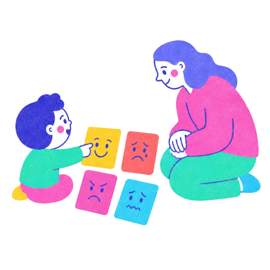 Fenweh — a child pointing at feeling cards while an adult kneels beside them, illustrating a child learning to name emotions