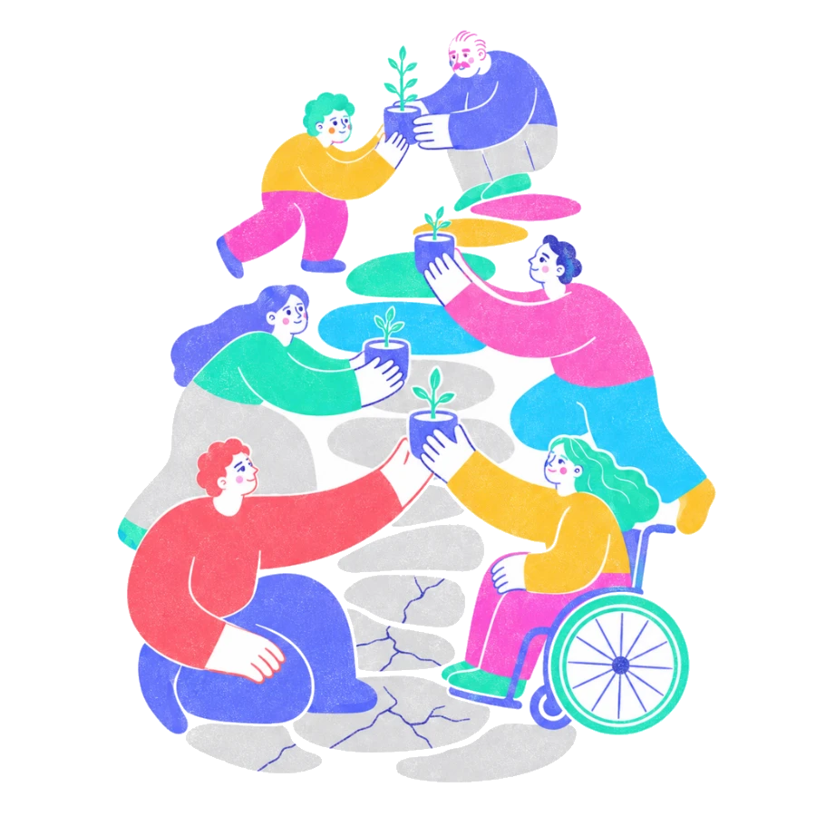 Fenweh — people passing seedlings up a slope of stepping stones together, illustrating collective resilience