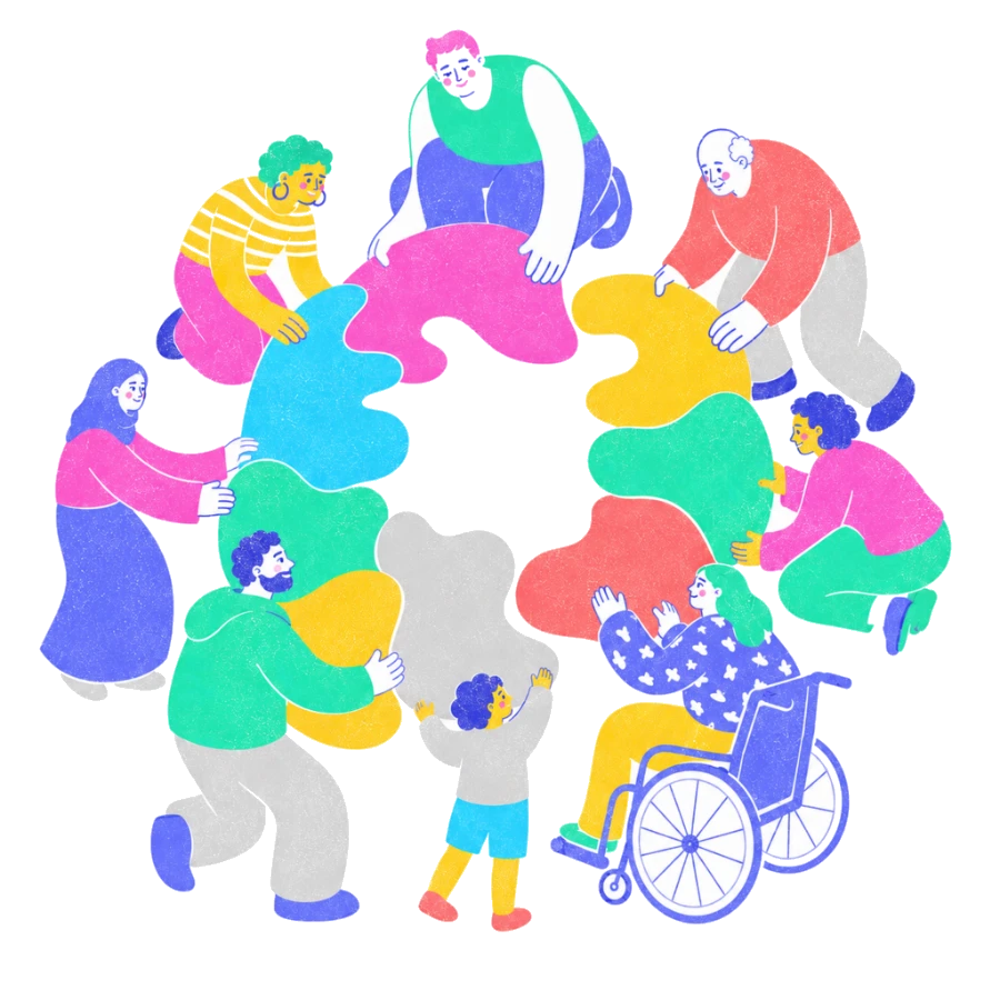 Fenweh — people of many bodies and ages fitting large puzzle pieces into a circle, illustrating community and belonging