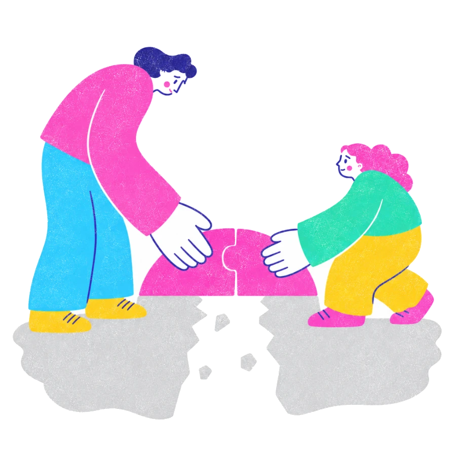 Fenweh — two people joining puzzle pieces across a gap in the ground, illustrating repair after conflict