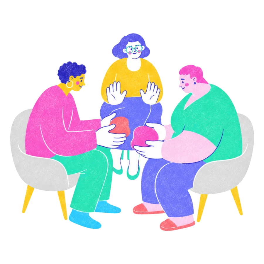 Fenweh — two partners passing shapes to one another while a therapist holds the space, illustrating couples communication