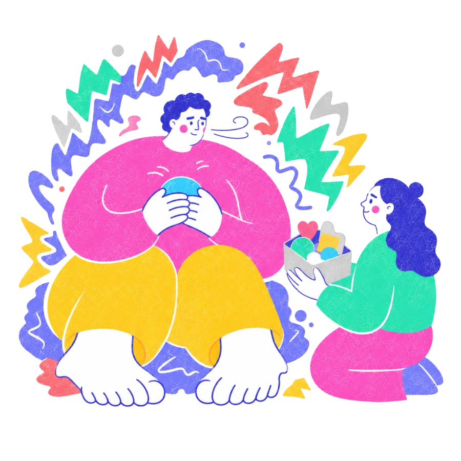 Fenweh — a person holding a cool stone inside a ring of jagged energy while a therapist offers a skills kit, illustrating distress tolerance