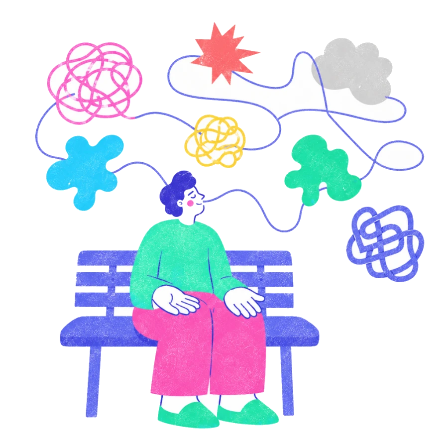 Fenweh — a person on a bench watching tangled thought-shapes drift by on a thread, illustrating defusion from intrusive thoughts