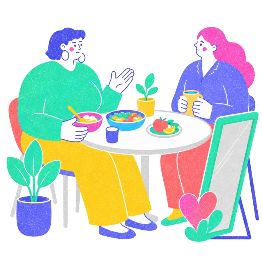 Fenweh — two people sharing a meal beside a mirror with a heart, illustrating body neutrality and eating support