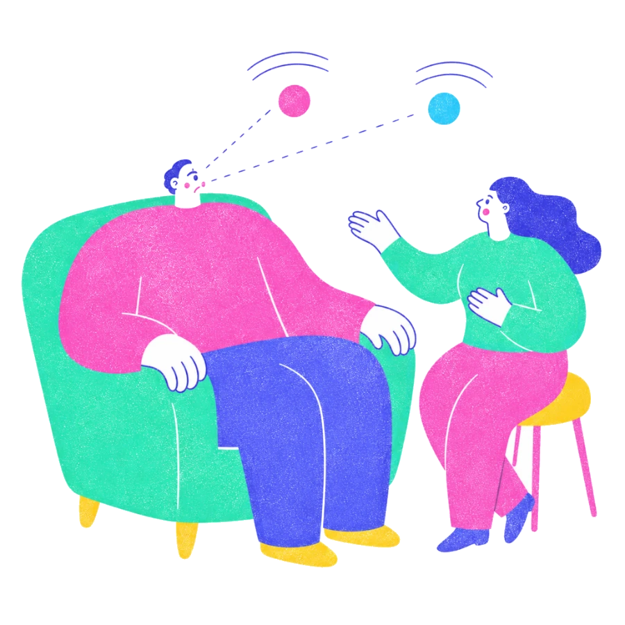 Fenweh — a client following two moving dots while a therapist guides them, illustrating EMDR bilateral processing
