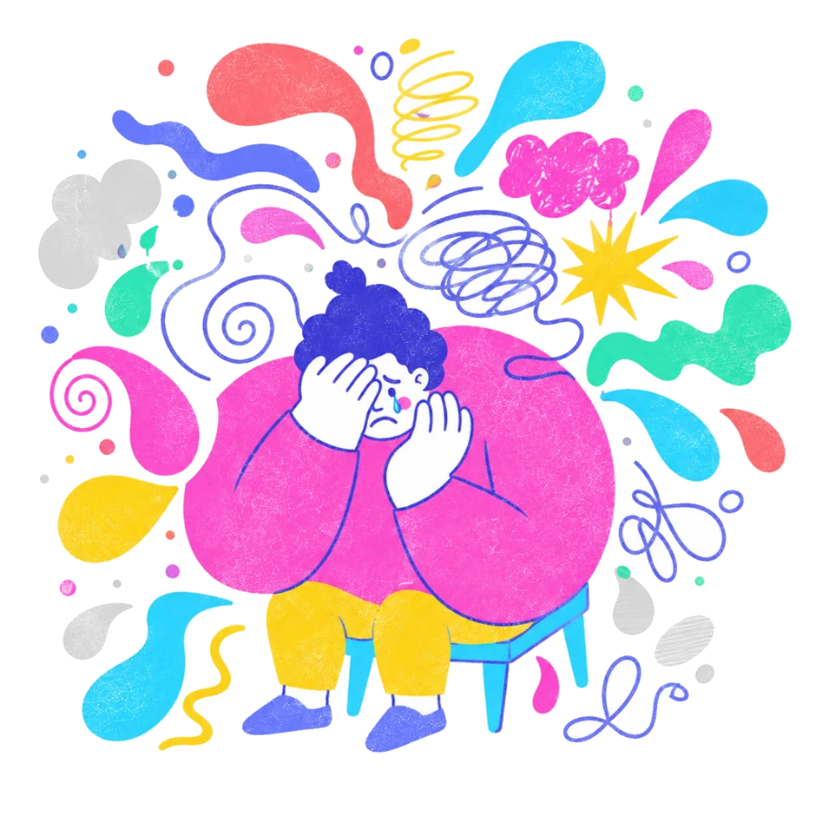 Fenweh — a person seated with their head in their hands surrounded by chaotic shapes, illustrating emotional overwhelm