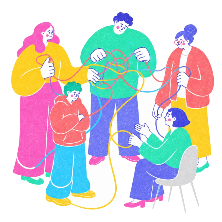 Fenweh — a family holding tangled coloured threads as a therapist helps untangle them, illustrating family systems patterns