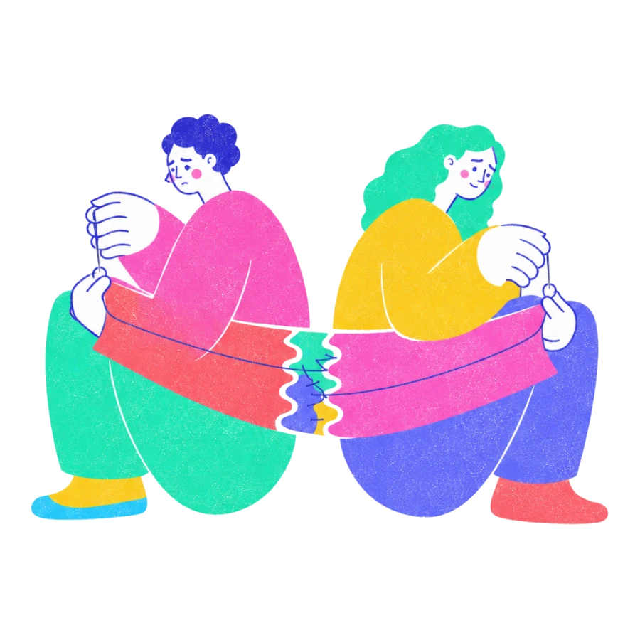 Fenweh — two friends sitting back to back stitching a torn scarf together, illustrating repair after a friendship rupture