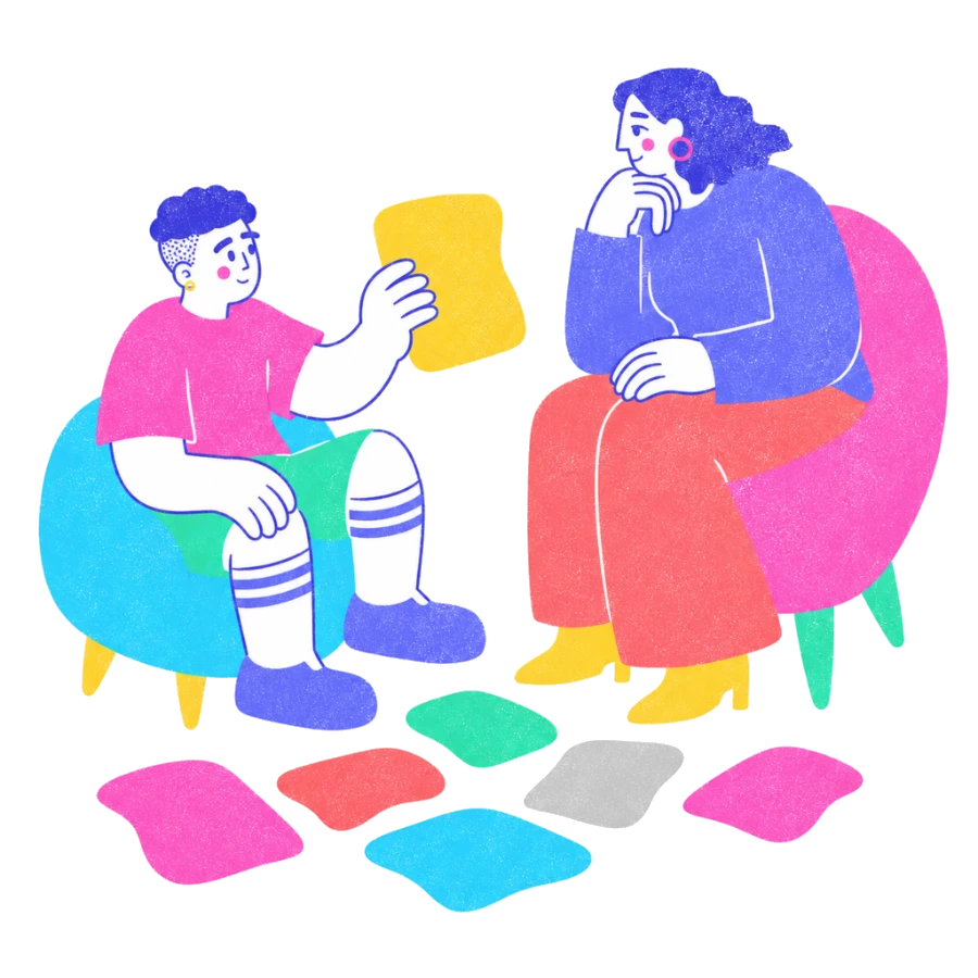 Fenweh — a person trying on a shape that fits while another cheers them on, illustrating gender-affirming therapy