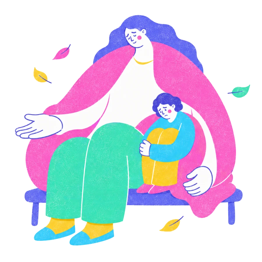 Fenweh — one person sitting quietly beside another on a bench as leaves fall, illustrating companionship in grief