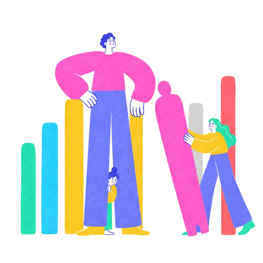 Fenweh — a small figure hiding behind a towering achievement chart, illustrating imposter syndrome and perfectionism