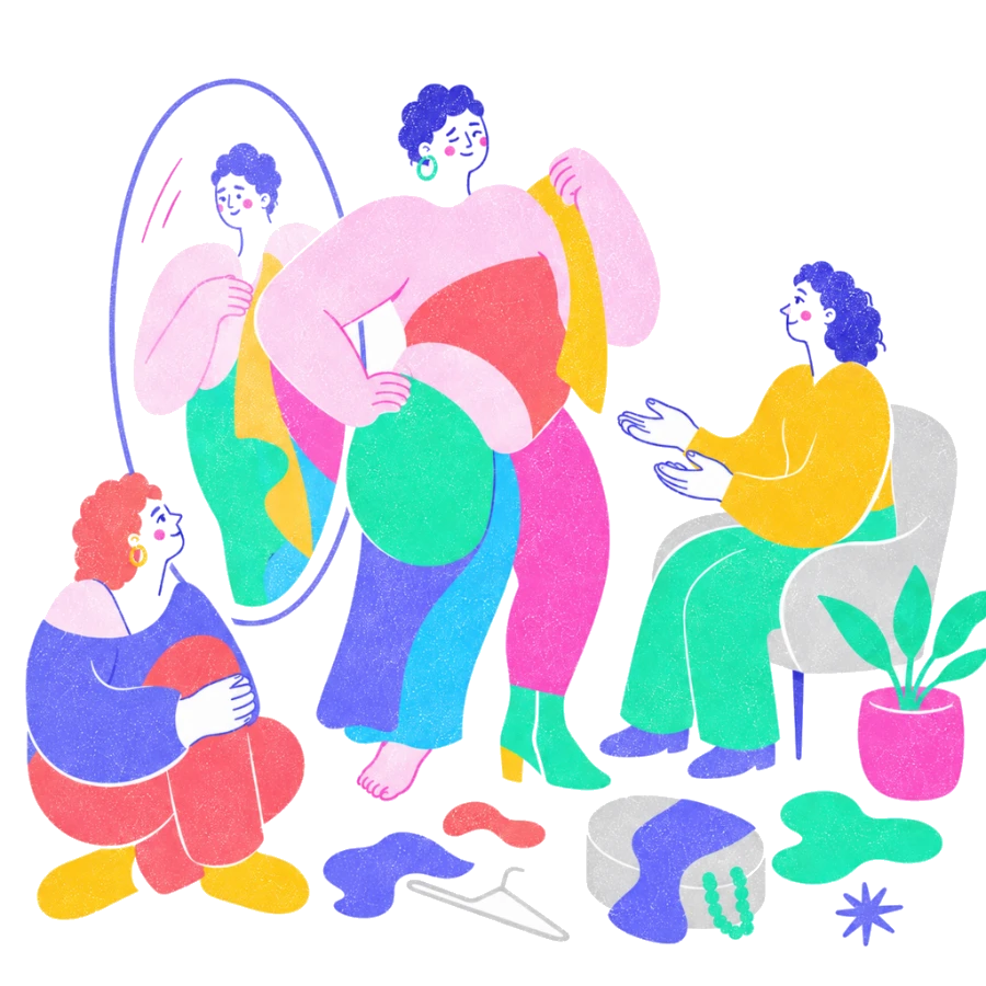 Fenweh — a person trying on clothes at a mirror while friends and a therapist look on warmly, illustrating LGBTQIA+ affirmative care