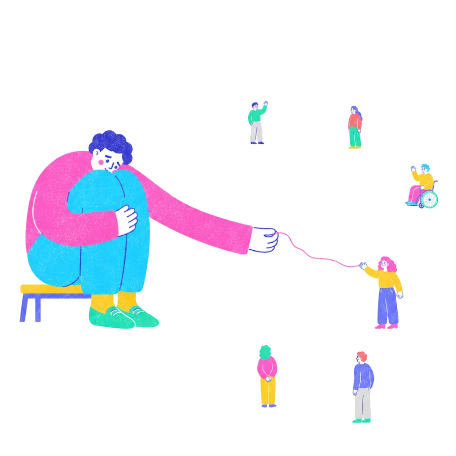 Fenweh — a person on a bench holding a thread that reaches a distant figure, illustrating loneliness and reaching out