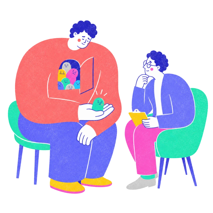 Fenweh — a man opening a door in his chest to a crowd of small feelings while a therapist listens, illustrating men learning to name emotions