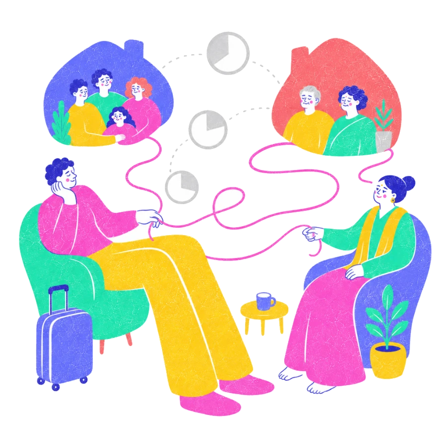 Fenweh — a client with a suitcase and a therapist holding a thread between a home abroad and parents in India, illustrating therapy for NRIs and the diaspora
