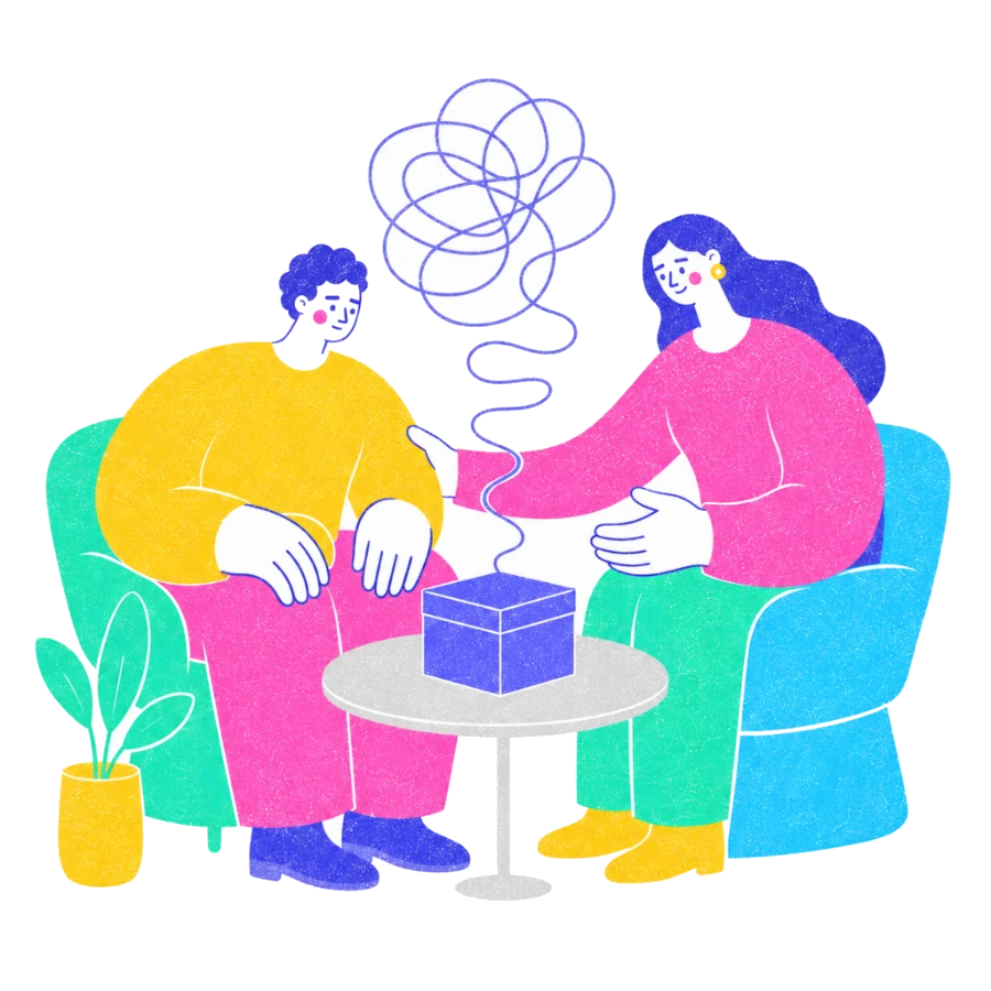 Fenweh — a person sitting with a closed box and an unravelling thought while a therapist stays present, illustrating ERP for OCD