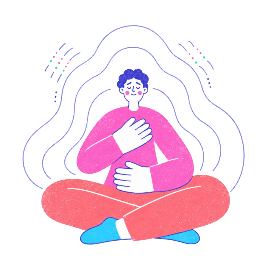Fenweh — a person sitting cross-legged with a hand on their chest as waves settle, illustrating grounding through panic