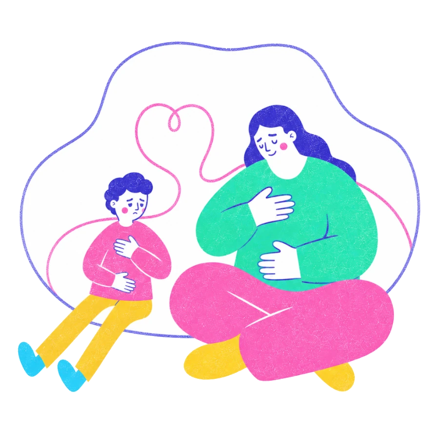 Fenweh — a parent and child breathing together with hands on their chests, illustrating co-regulation