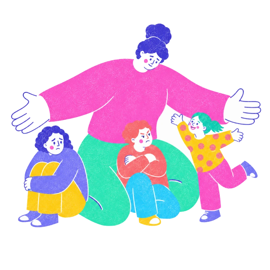 Fenweh — a person with arms spread wide sheltering three smaller figures showing sadness, anger and joy, illustrating the different emotional parts a person carries