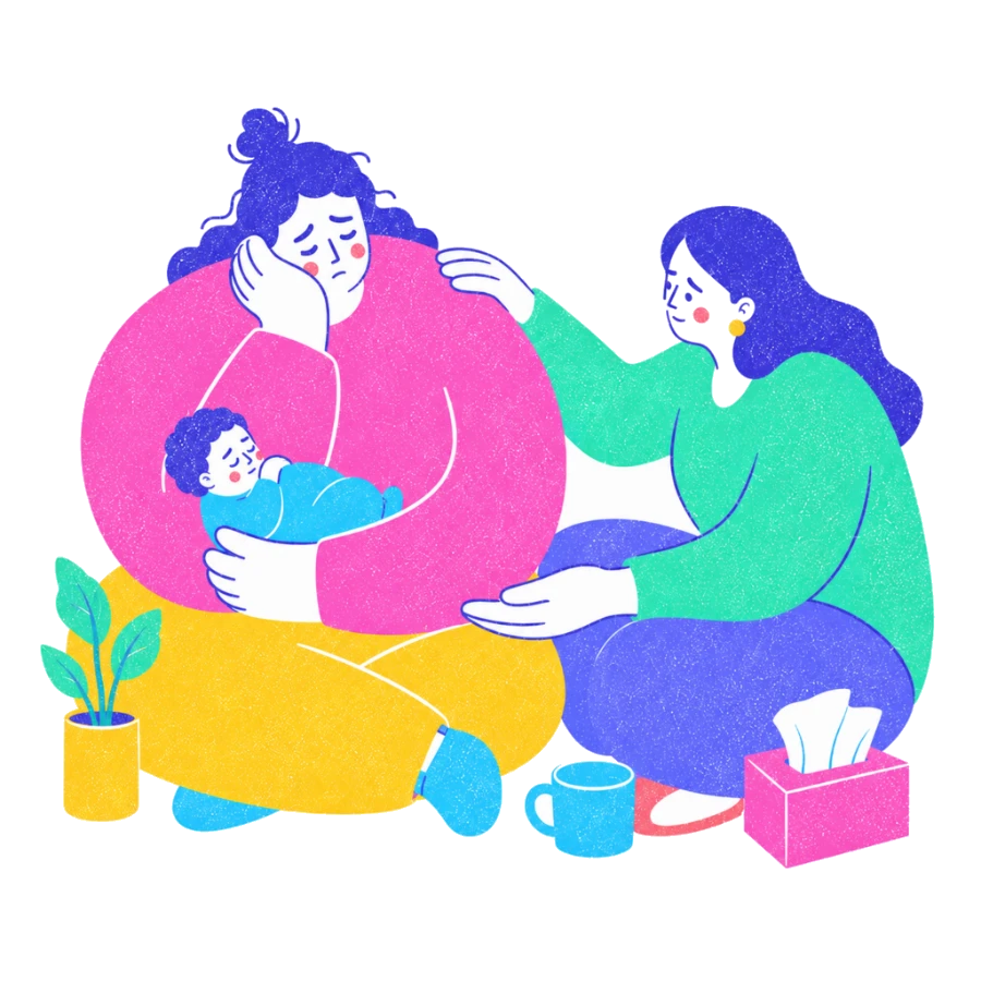 Fenweh — a new parent holding a baby while a supporter sits close with tea and tissues, illustrating perinatal mental health support