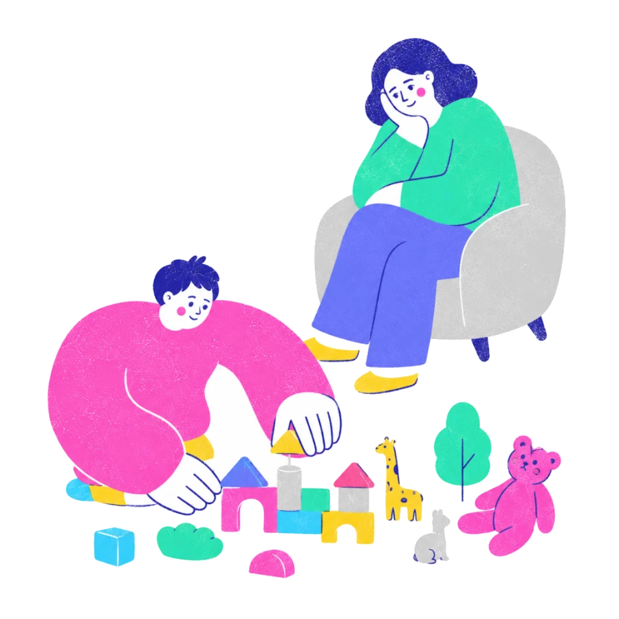 Fenweh — a child building with blocks while a therapist watches warmly from a chair, illustrating play therapy