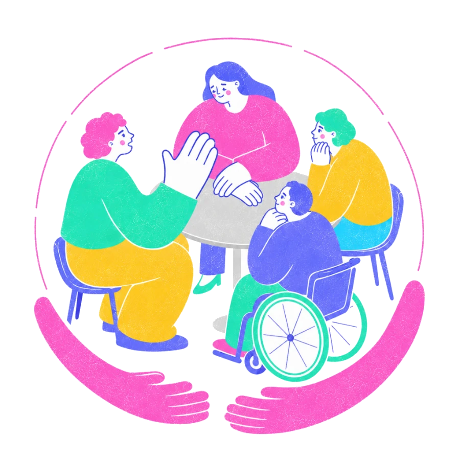 Fenweh — a team talking around a table held inside a pair of open hands, illustrating psychological safety at work