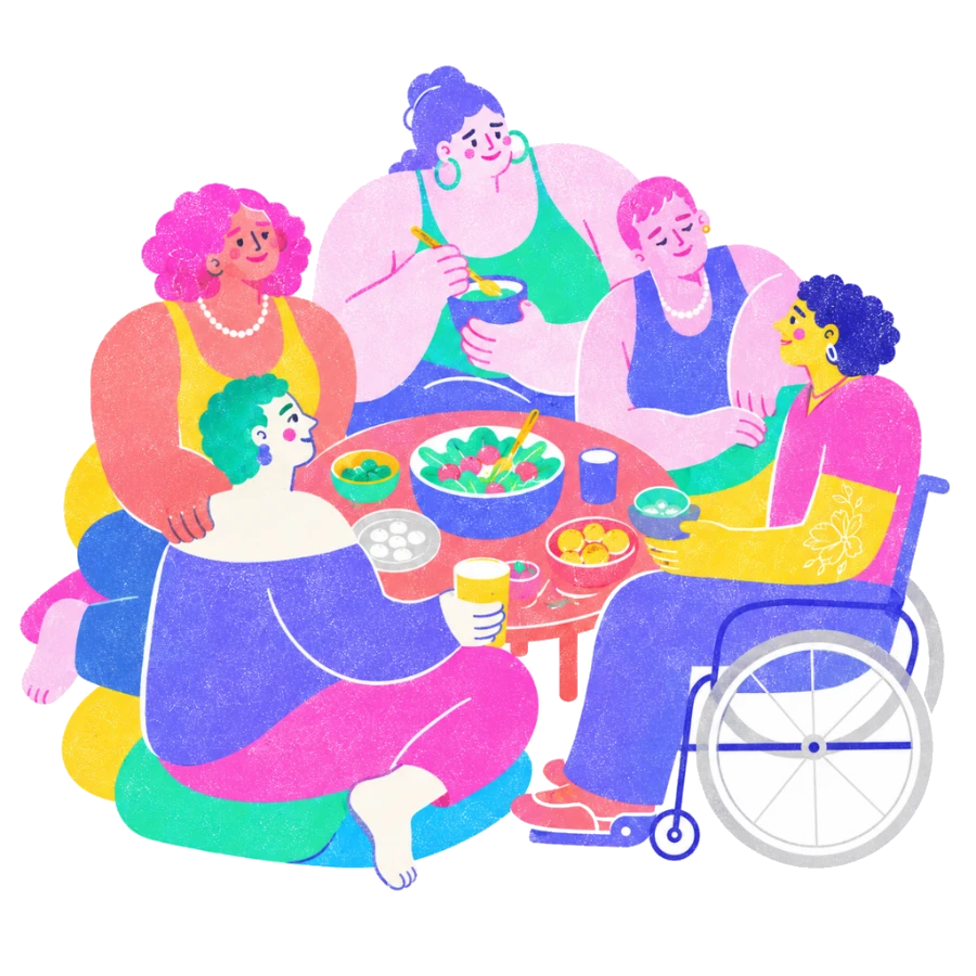 Fenweh — a group of friends of different bodies sharing a meal together, illustrating queer chosen family