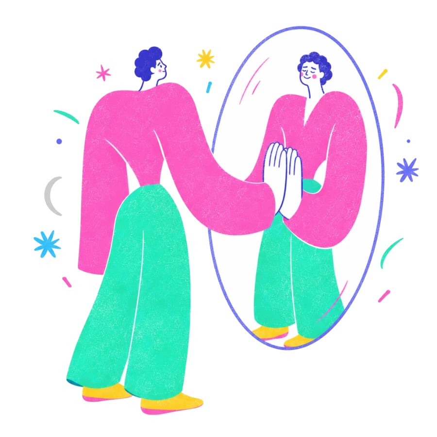 Fenweh — a person meeting their own reflection palm to palm in a mirror, illustrating queer self-acceptance