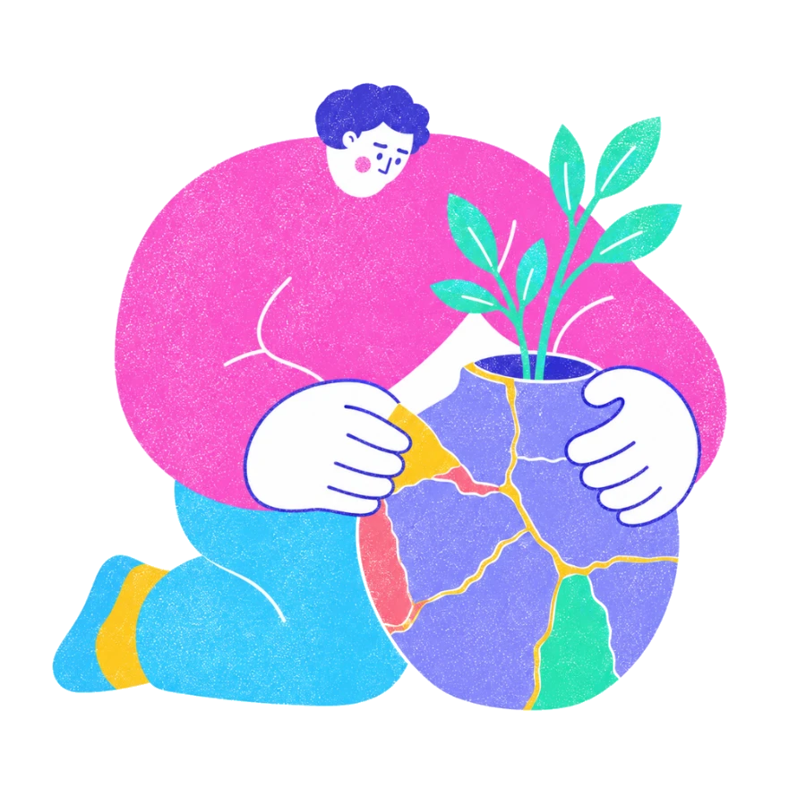 Fenweh — a person cradling a mended pot with a green shoot growing from it, illustrating recovery and post-traumatic growth