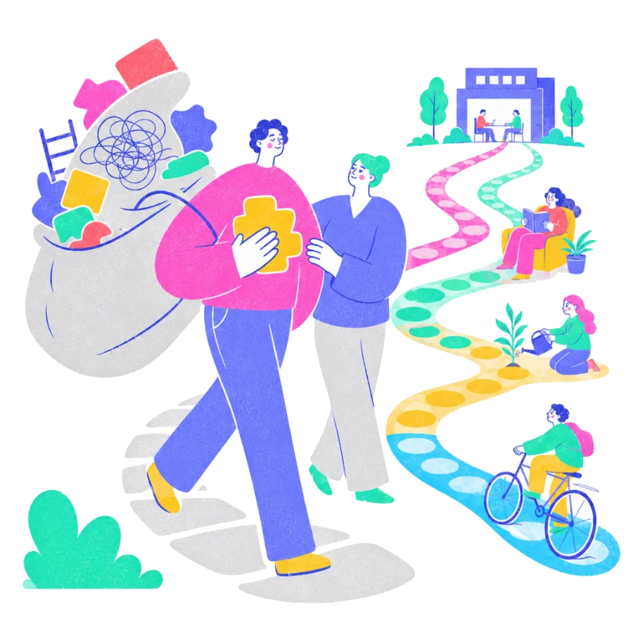 Fenweh — a person carrying a puzzle piece along branching paths towards work, rest and play, illustrating returning to work and career identity