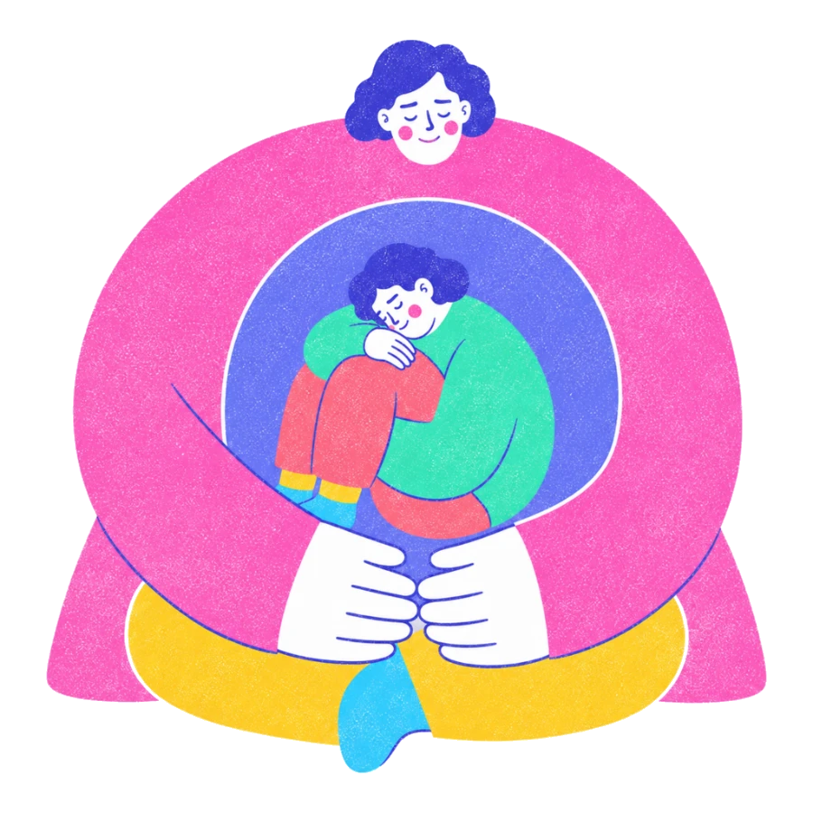 Fenweh — a person held safely inside a larger embracing figure, illustrating secure attachment