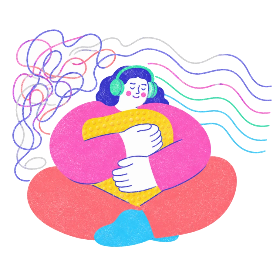 Fenweh — a person in headphones holding a textured cushion as noise softens into calm lines, illustrating sensory regulation