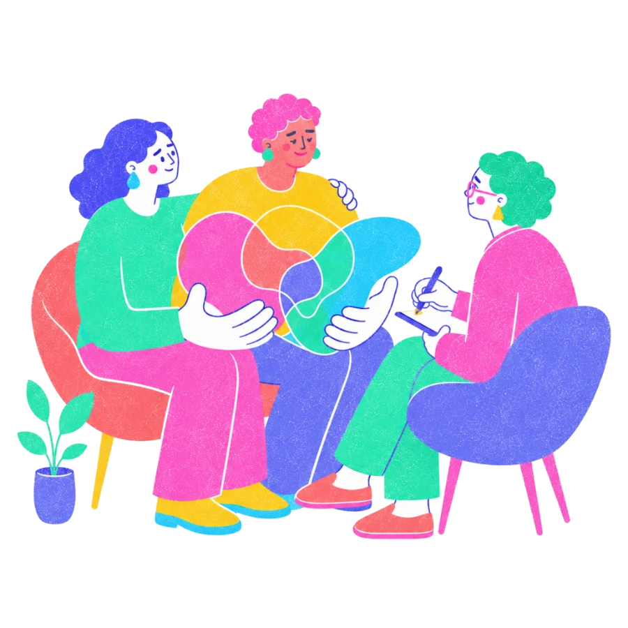Fenweh — two partners in conversation with a therapist taking notes nearby, illustrating sex and intimacy counselling