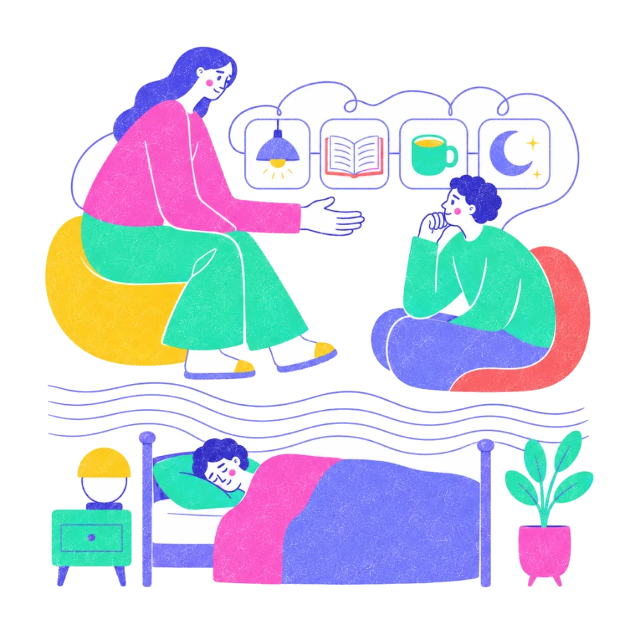 Fenweh — a therapist and client mapping an evening wind-down routine above a person sleeping soundly, illustrating sleep therapy