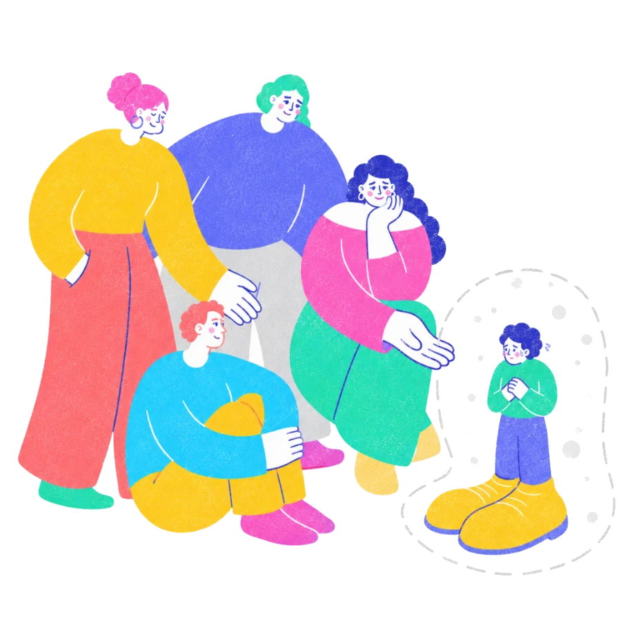 Fenweh — a person hesitating at the edge of a friendly group inside a dotted bubble, illustrating social anxiety