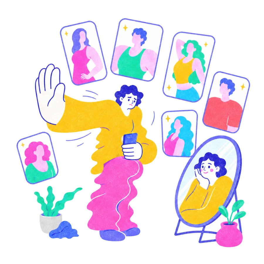 Fenweh — a person pushing away a wall of idealised phone screens and turning towards their own mirror, illustrating social media comparison